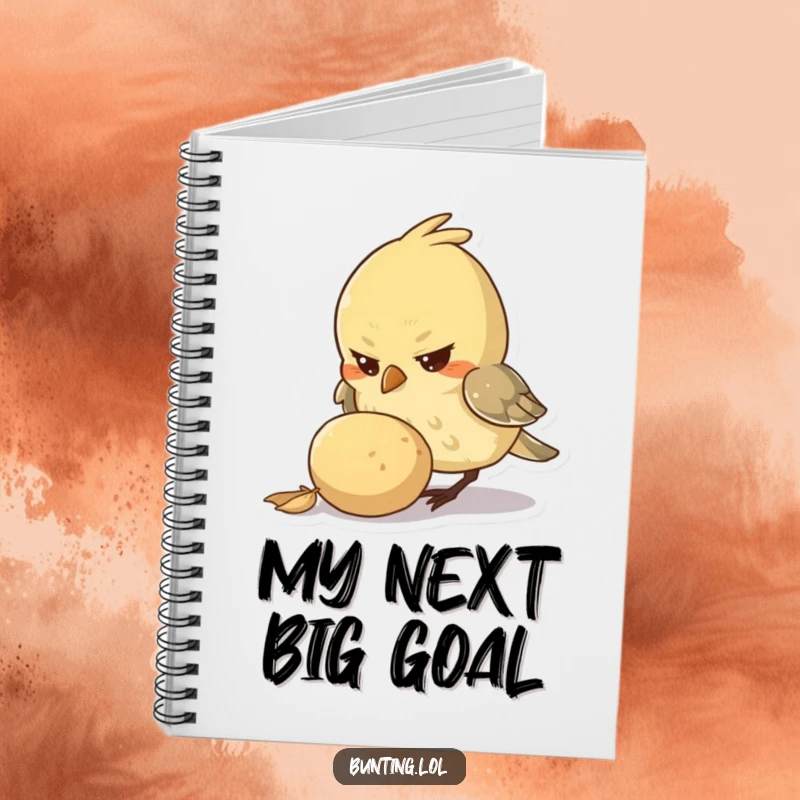 Funny Notebook with a small bird character showing determination while pecking at a large seed, perfect for planning and goal setting.