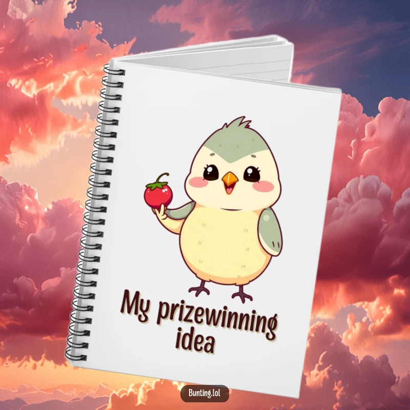 Funny Bunting Notebook featuring a cute bird proudly holding a tiny berry, perfect for jotting down achievements with humor, a funny gift.