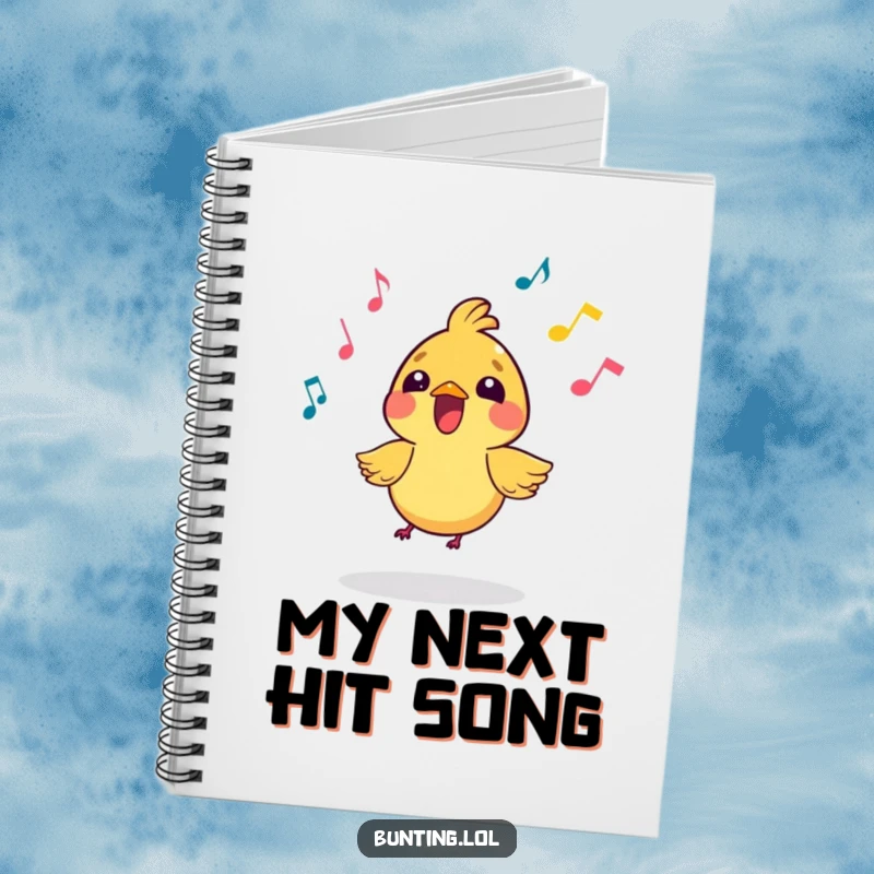 Funny Notebook with a small, vibrant bird character singing amidst musical notes, designed for capturing creative thoughts and daily musings.