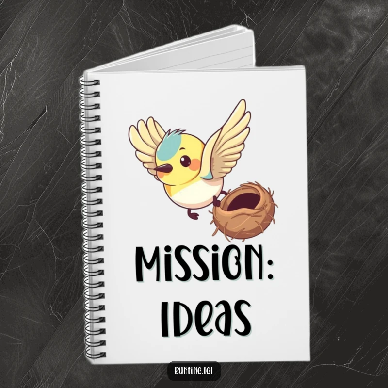 Funny bunting notebook with a bird with a determined expression flying towards its nest, designed for planning goals.