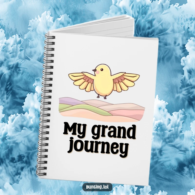 Funny Notebook with a bunting bird shape soaring over rolling hills, perfect for jotting down adventures and creative ideas.