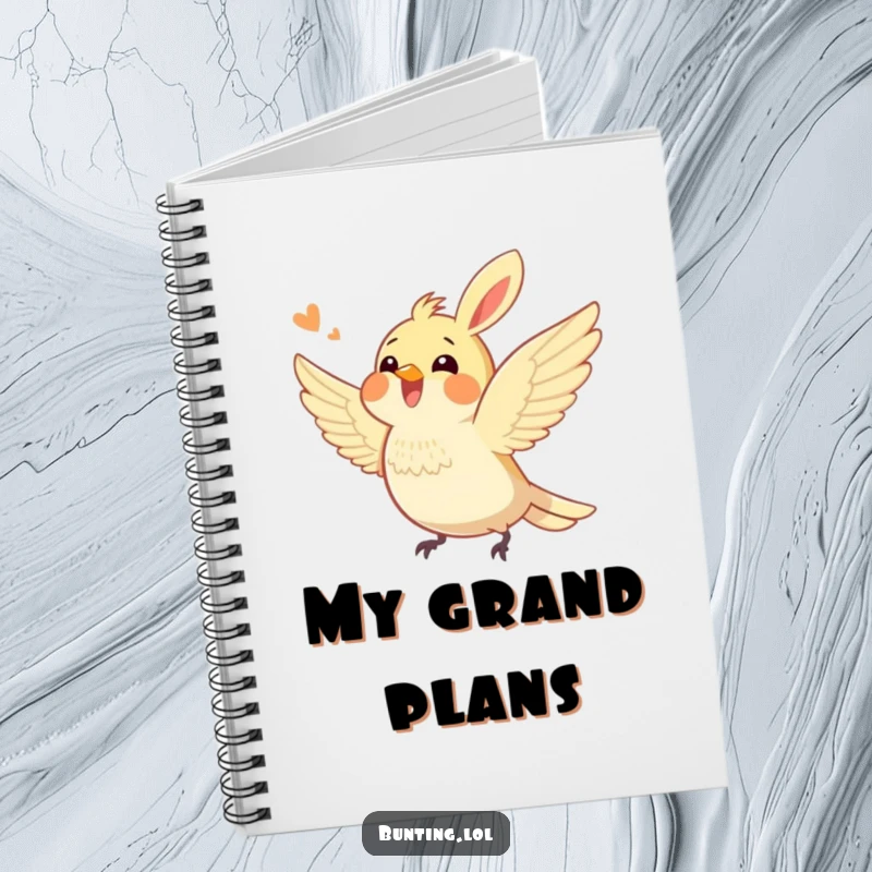 Funny bunting bird notebook featuring an excited bunting character fluttering its wings, designed to inspire energetic note-taking and humorous brainstorming sessions.