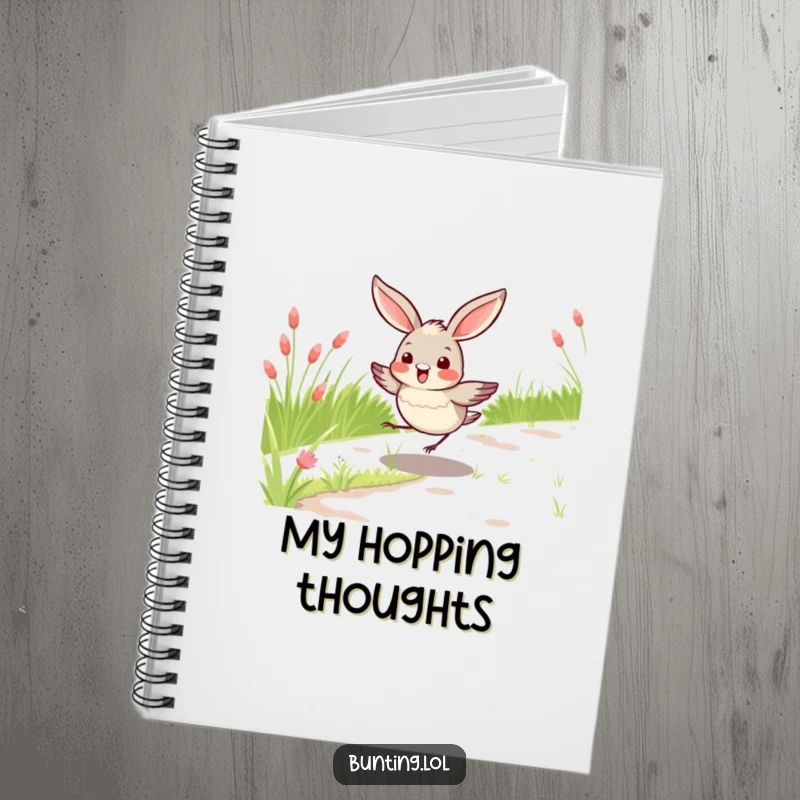 Funny bunting bird notebook with a bird hopping on a grassy path design, perfect for writing creatively and as a humorous funny gift.