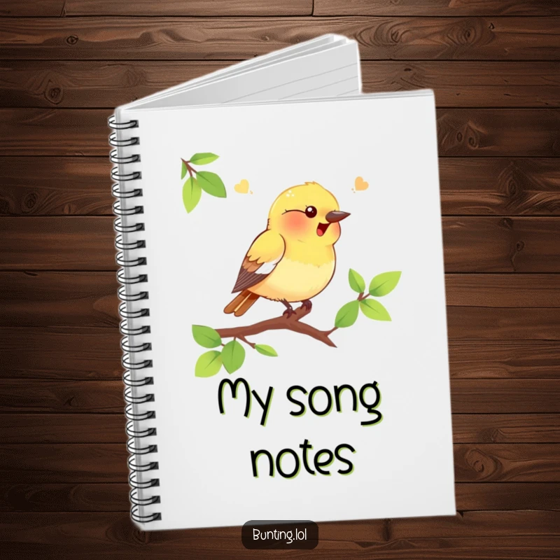 Funny bunting bird notebook with a chirping bird on a branch design, perfect for writing creatively and as a humorous funny gift.