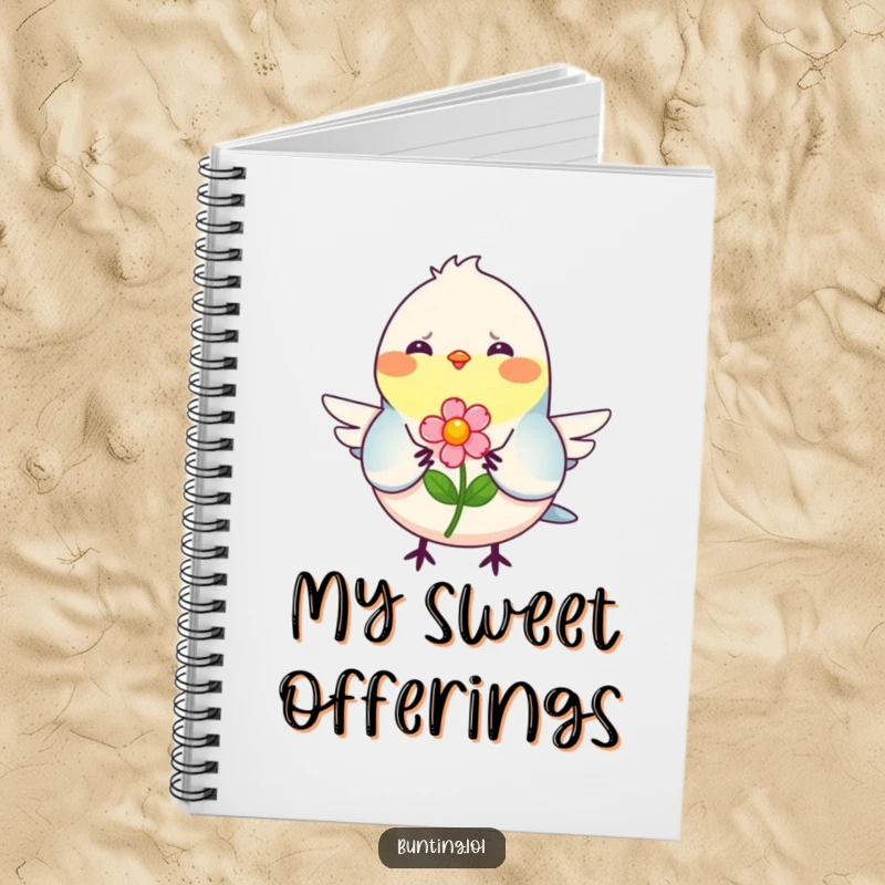 Funny Notebook cover showcasing a smiling bunting bird offering a flower, ideal for jotting down kind thoughts.