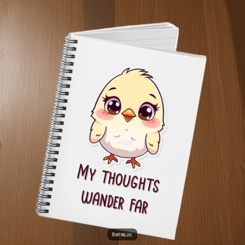 Funny Bunting Notebook featuring a cute bird with wide, curious eyes, perfect for jotting down notes with a touch of humor, a funny gift.