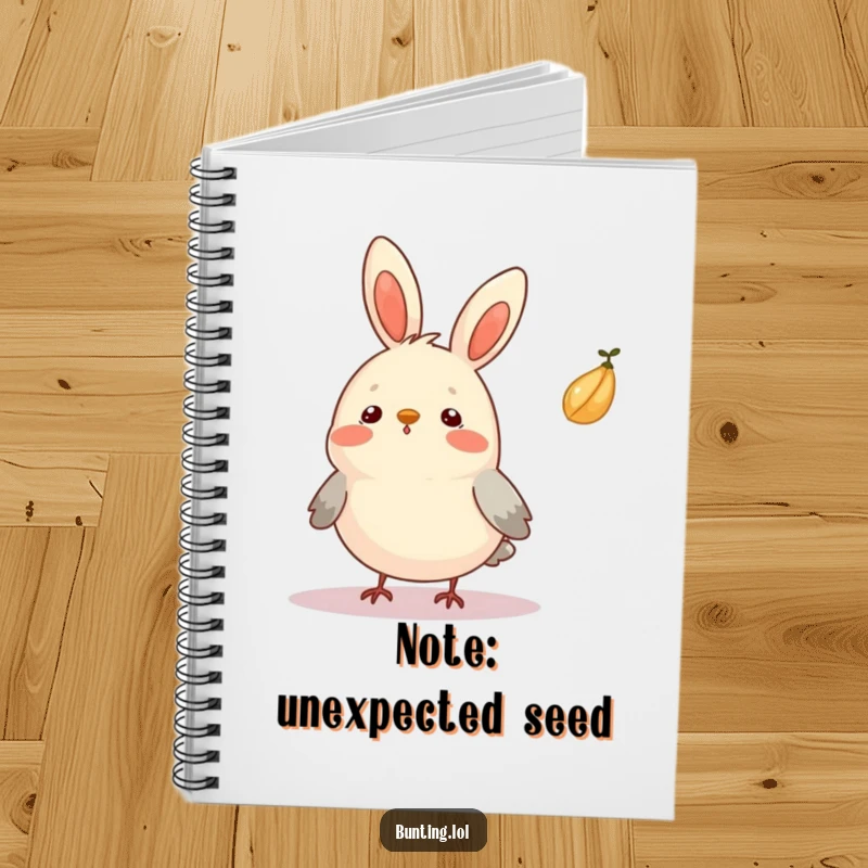 Funny Bunting Notebook featuring a bird looking surprised as a seed floats by, ideal for notes.