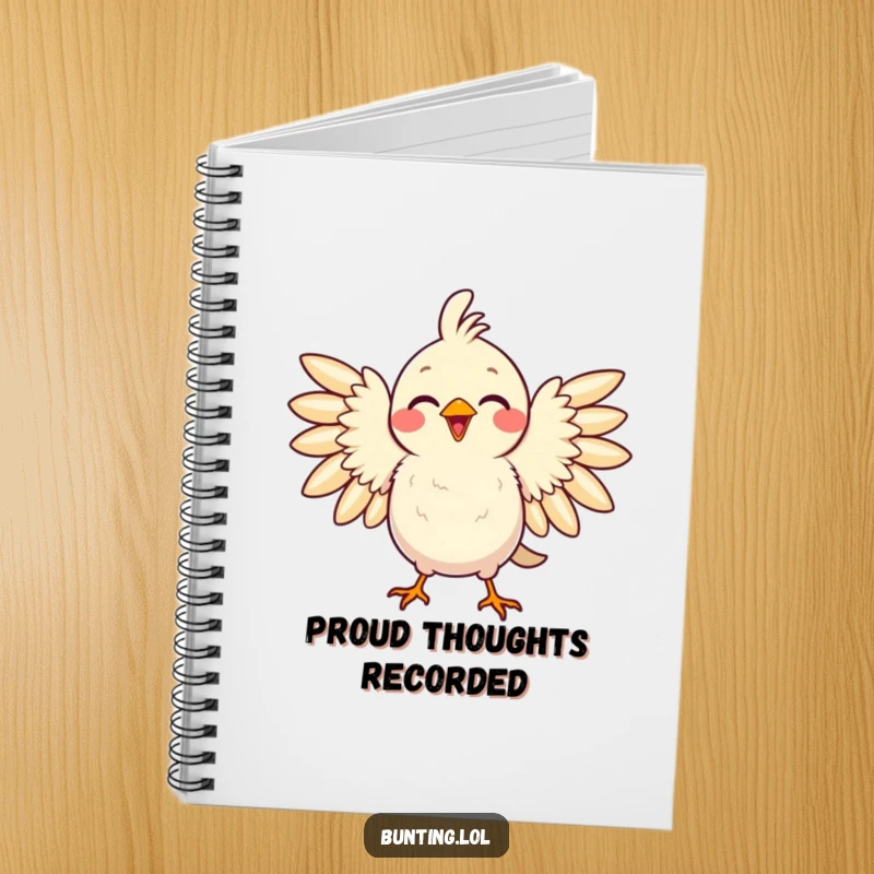 Funny notebook featuring a delighted bird puffing its feathers with pride, inspiring note-taking filled with confidence and humor.