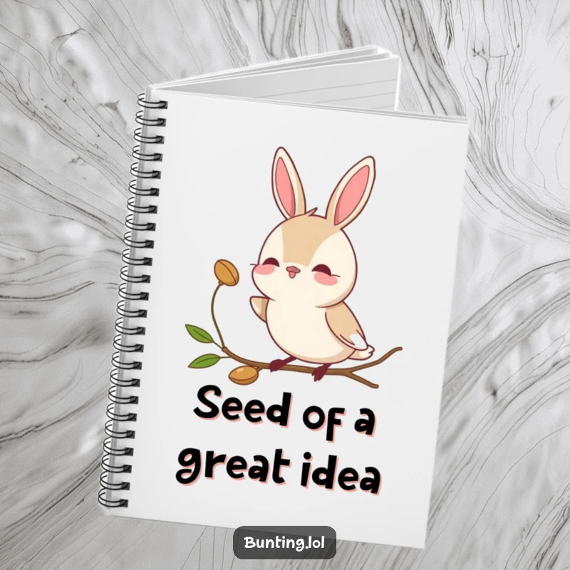 Funny bunting bird notebook cover featuring a character tilting its head curiously towards a seed, encouraging observation.