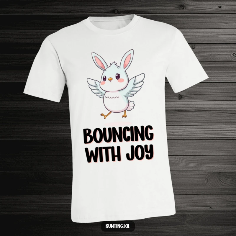 Funny bunting bird in mid-hop, wings spread, radiating energetic vibes, printed on a comfortable t-shirt.