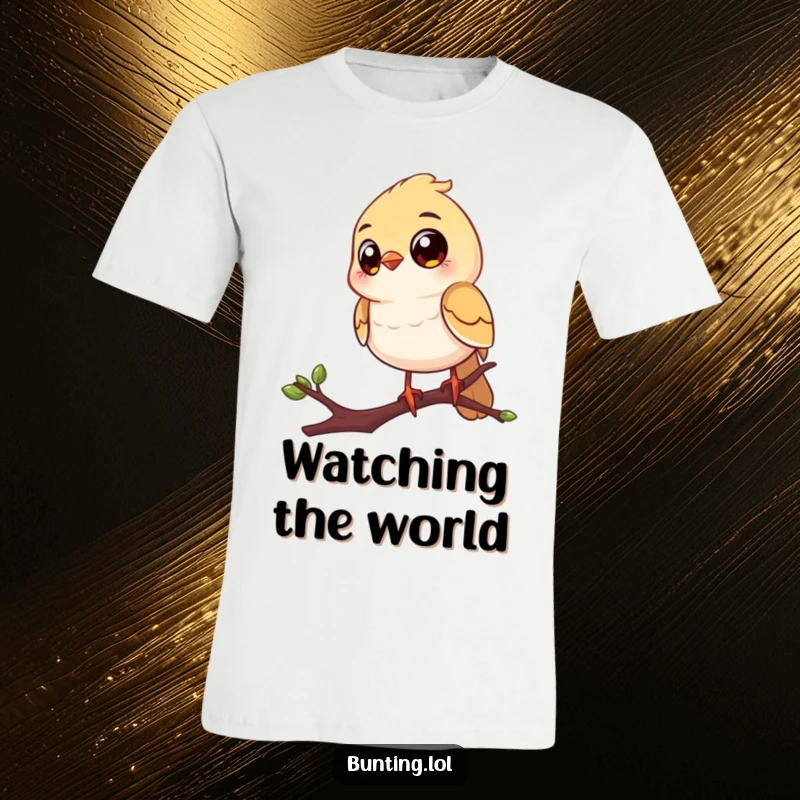 Funny t-shirt displaying a cheerful bird with enormous eyes, perched on a twig, looking around with comical curiosity.