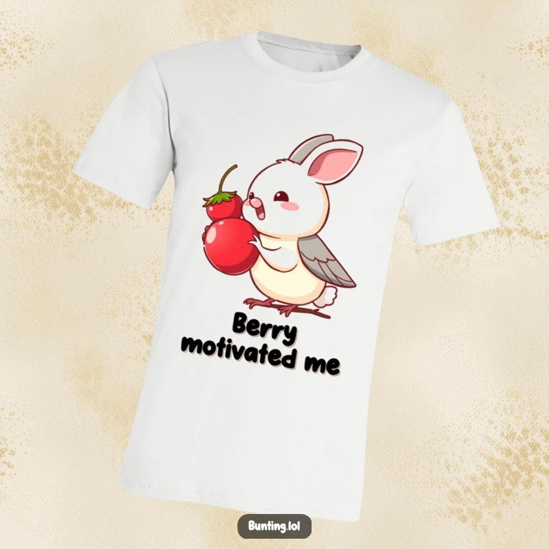 Funny bunting character with beak outstretched, eagerly reaching for a tempting berry, on a t-shirt, highlighting a sweet craving.