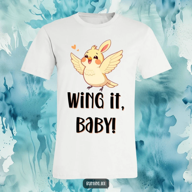 Funny bunting bird t-shirt showing an excited bunting character energetically fluttering its wings, conveying a sense of playful movement and humorous delight.