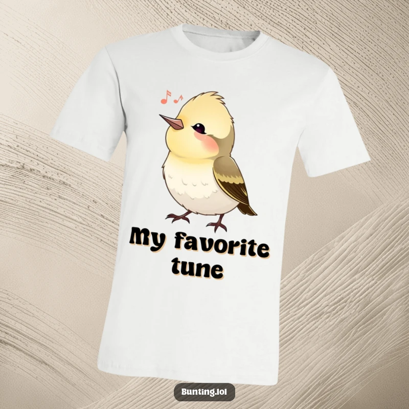 Funny bunting bird t-shirt featuring a bird tilting its head, seemingly enjoying a song, ideal for casual wear and as a humorous gift.