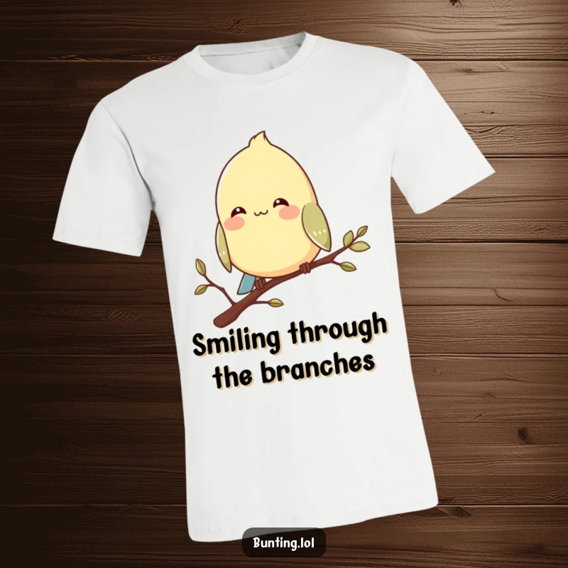 Funny bunting bird t-shirt featuring a character perched on a branch with a contented smile, showing relaxed joy.