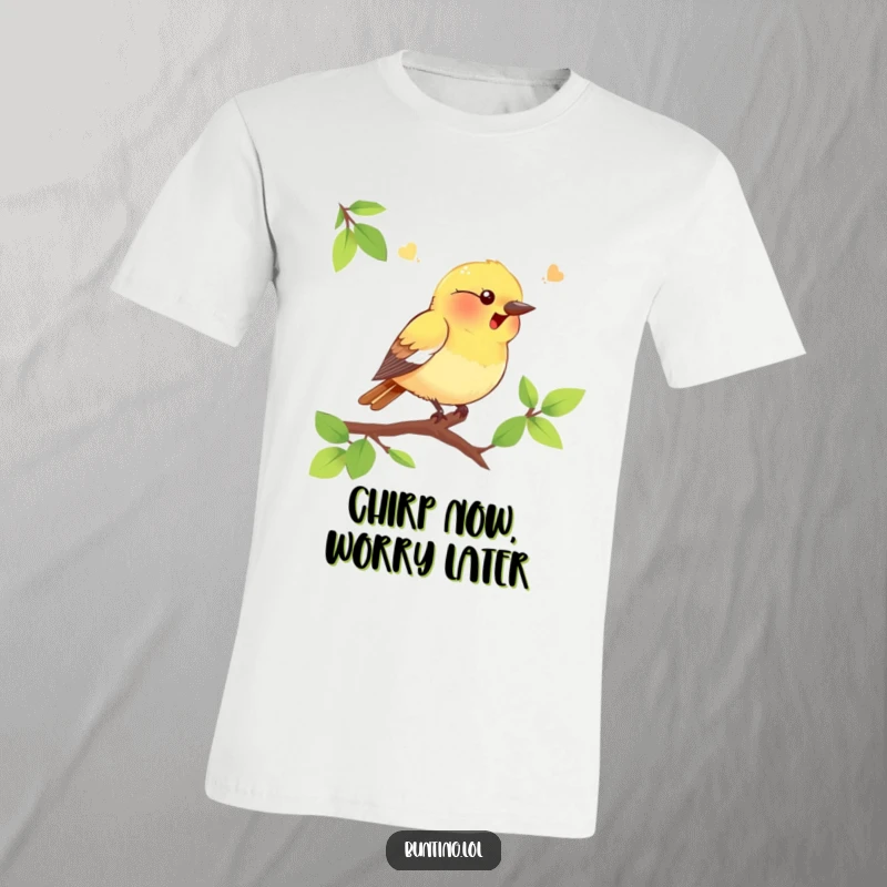 Funny bunting bird t-shirt featuring a happy bird chirping on a branch, ideal for casual wear and as a humorous gift.