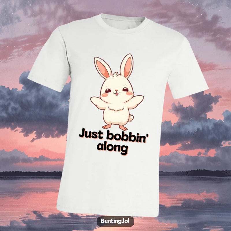 Funny T-Shirt illustrating a cute bunting bird in a playful bobbing motion, full of energetic and amusing movement.