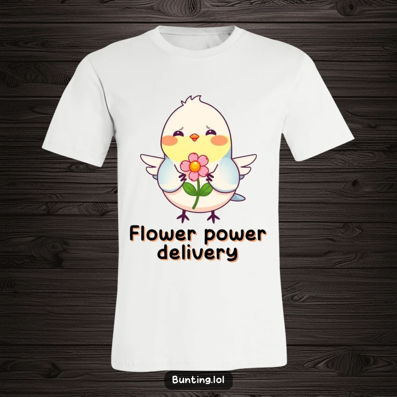 Funny T-Shirt with a friendly bunting bird smiling and offering a small, colorful flower, embodying sweet gestures.
