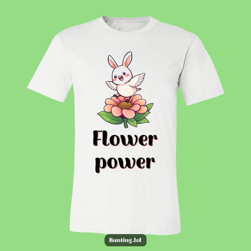 Funny Bunting Hop T-Shirt: Energetic Character's Flower Dance, Vibrant and Fun