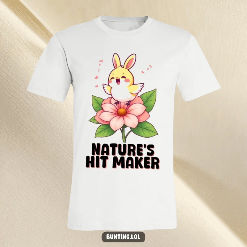 Funny bunting bird in mid-song atop a vivid blooming flower, depicted on a comfortable and cheerful t-shirt.