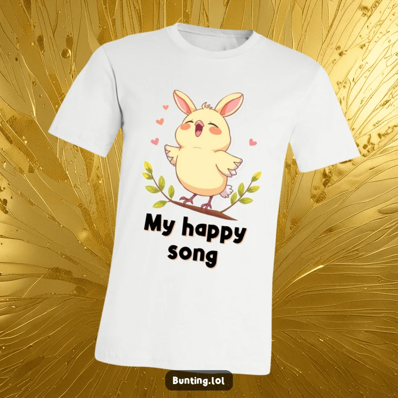 Funny bunting bird t-shirt, humorously shown joyfully singing with its beak open, a celebration of musical delight.