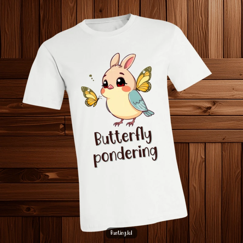 Funny bunting t-shirt depicting a curious bird tilting its head inquisitively at a passing butterfly, celebrating curiosity.