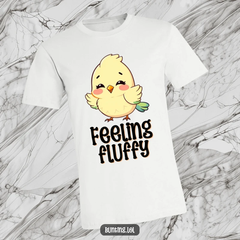 Funny T-Shirt featuring a cute bunting character fluffing its feathers with pure delight and contentment.