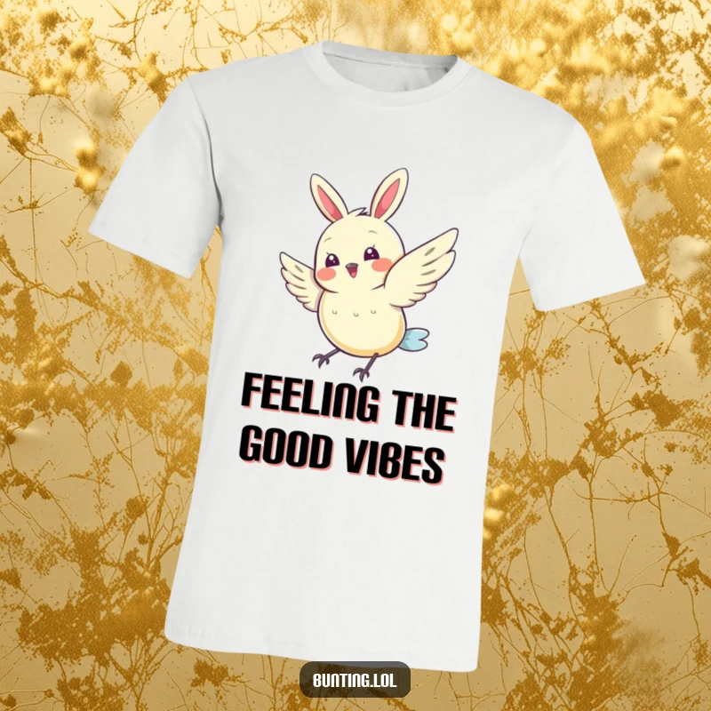 Funny Joyful Bunting T-Shirt showing a cute bunting bird doing a happy wing flutter, perfect for a funny gift for cheerful people.