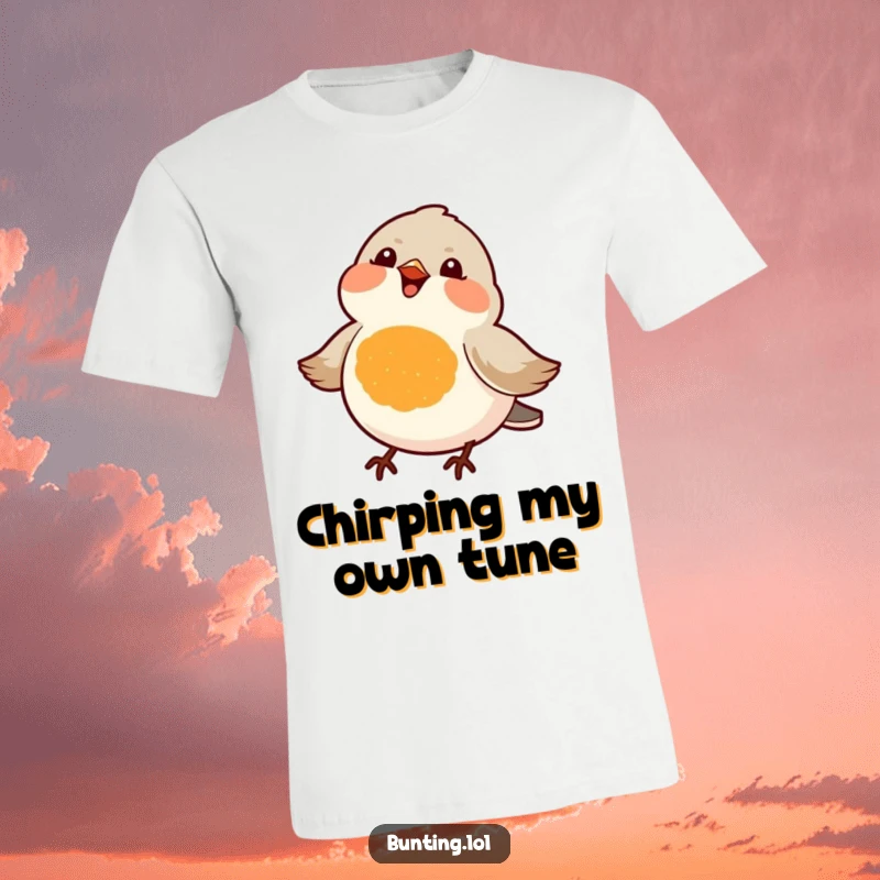 Funny t-shirt with a small, bright orange-chested bird ecstatically chirping, exuding pure happiness and infectious humor.