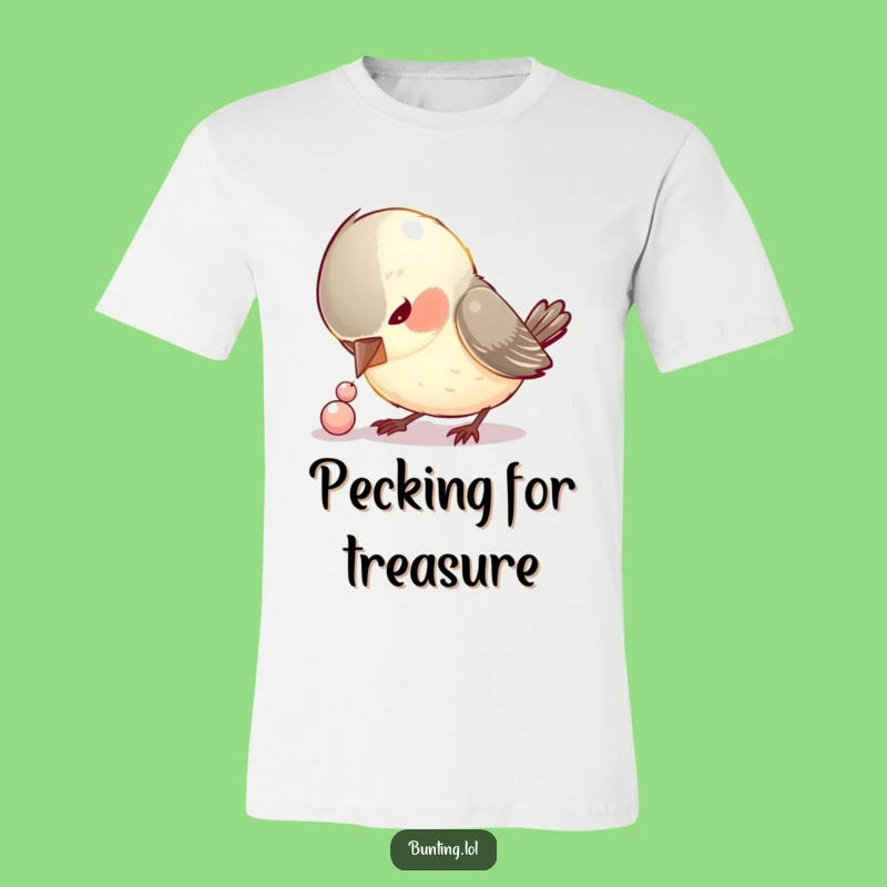 Funny Pecking Bird T-Shirt: Curious Songbird & Shiny Bead Tee, Humorous Gift