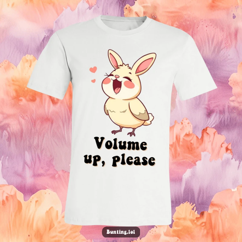 Funny bunting t-shirt, showing a bird singing with its beak wide open, ready to perform.