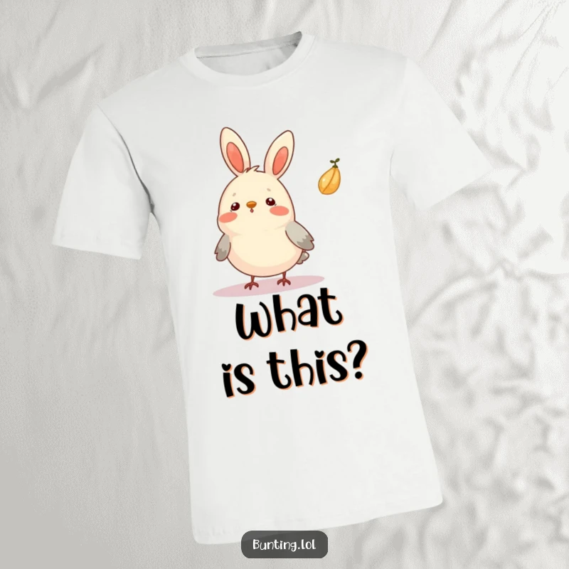 Funny Bunting T-Shirt depicting a bird looking surprised as a seed floats by, ideal for casual wear.