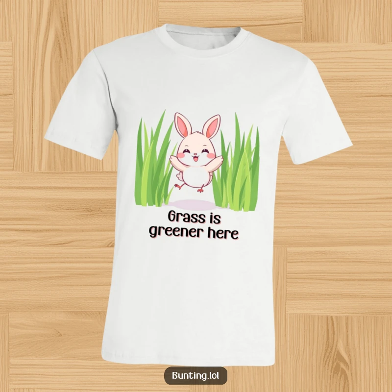 Funny Bunting T-Shirt depicting a cute bird joyfully hopping among tall blades of grass, embodying freedom and happiness.