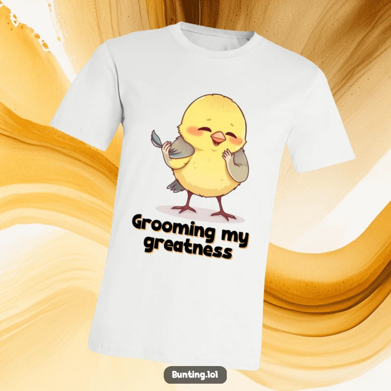 Funny bunting t-shirt, showing a bird comically and intensely preening its minuscule feather.