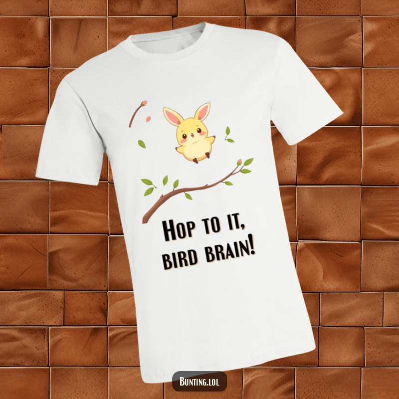 Funny bunting bird t-shirt with a whimsical character playfully hopping from one twig to another, full of energetic fun.