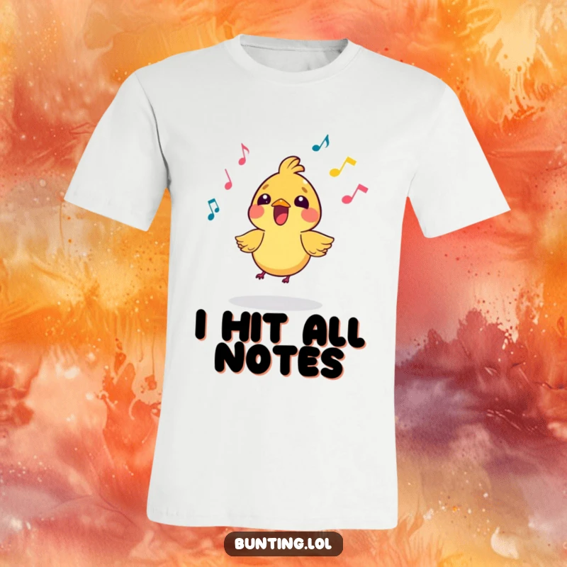 Funny T-Shirt showcasing a small, vibrant bird character energetically singing with whimsical musical notes, capturing a moment of pure, uninhibited vocal joy.