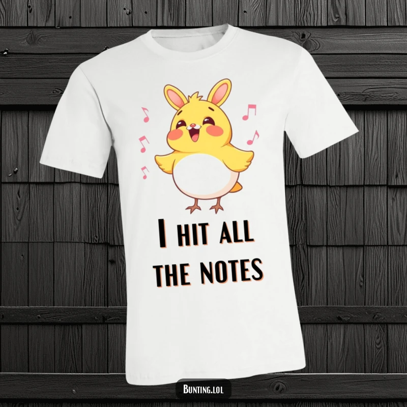 Funny bunting bird t-shirt with a joyful bunting character caught mid-song, its beak open in a delightful, humorous melody, perfect for music lovers.