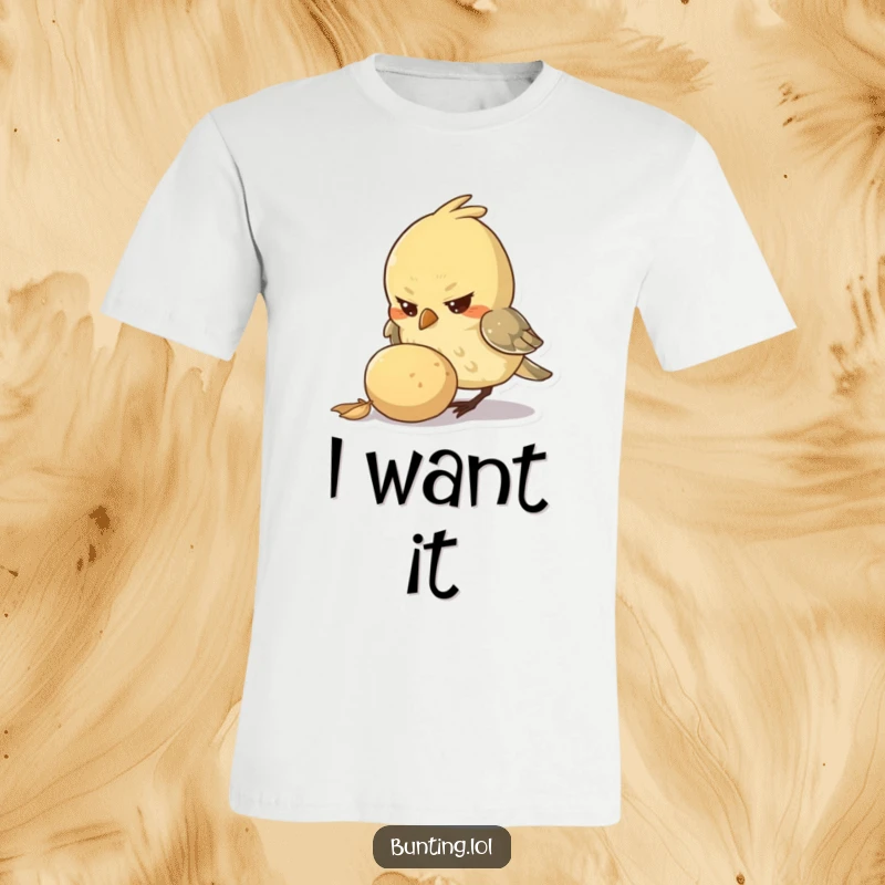 Funny T-Shirt featuring a small bird character with a determined expression, actively and intensely pecking at a very large seed, showing focus.
