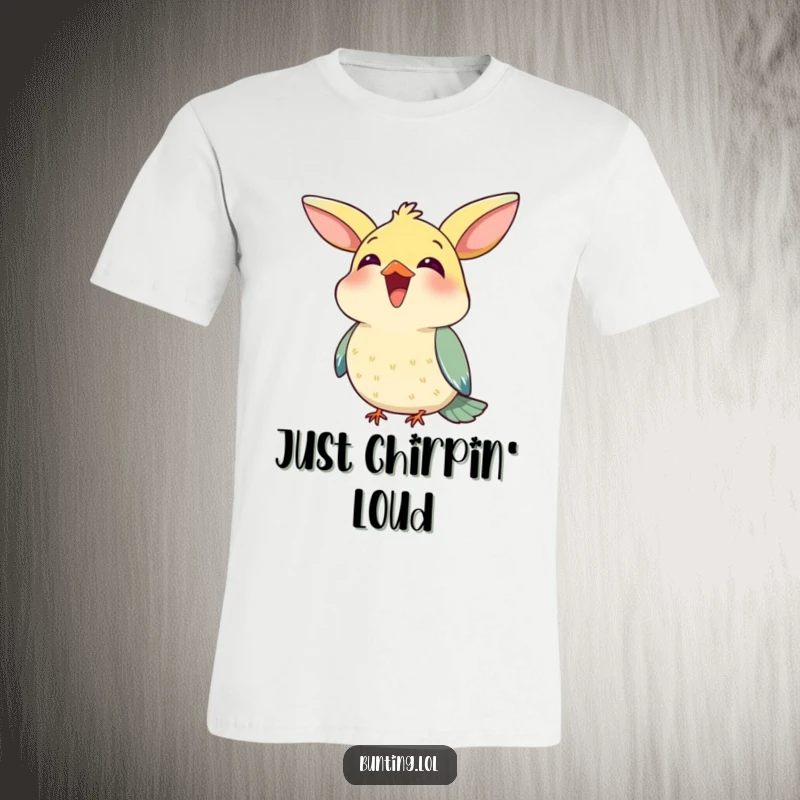 Funny T-Shirt illustrating a cute bunting bird joyfully chirping with its beak open, full of spirited sound.