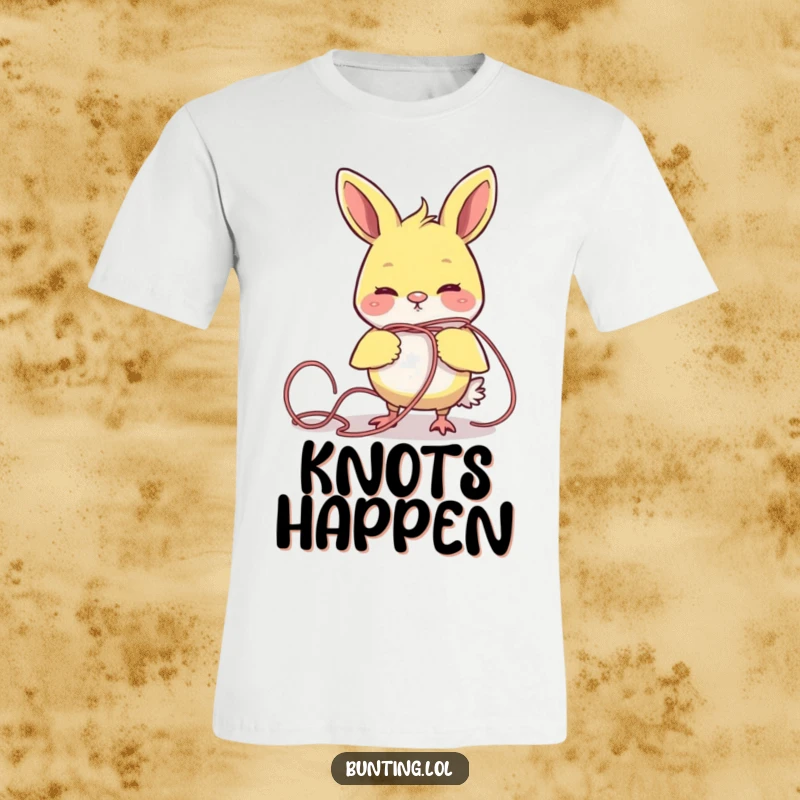 Funny bunting bird comically entangled in a ball or strand of yarn, printed on a soft t-shirt.