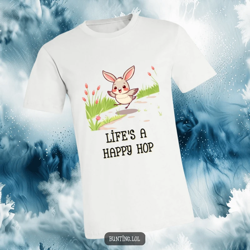 Funny bunting bird t-shirt featuring a bird happily hopping along a grassy path, ideal for casual wear and as a humorous gift.