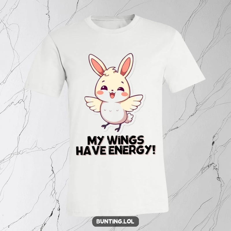 Funny bunting bird t-shirt featuring a character performing a happy, energetic wing flutter, full of vibrant movement.