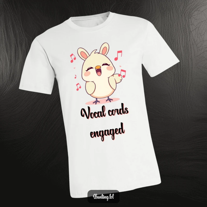 Funny T-Shirt showcasing a cute bunting character singing a happy, melodic tune with vibrant energy and zest.