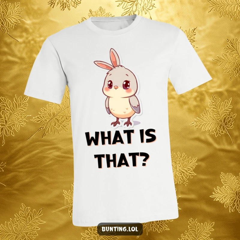 Funny T-Shirt illustrating a cute bunting bird looking curious with its head cocked to the side, full of inquisitiveness.