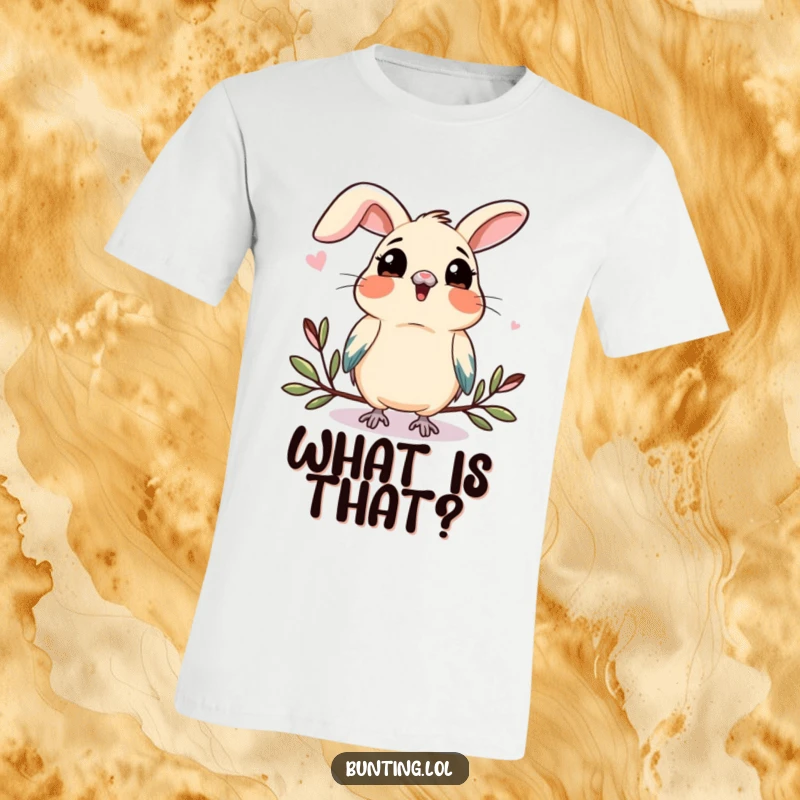 Funny bunting t-shirt illustrating a bird with its head tilted, intently observing something new, conveying wonder and playful curiosity.