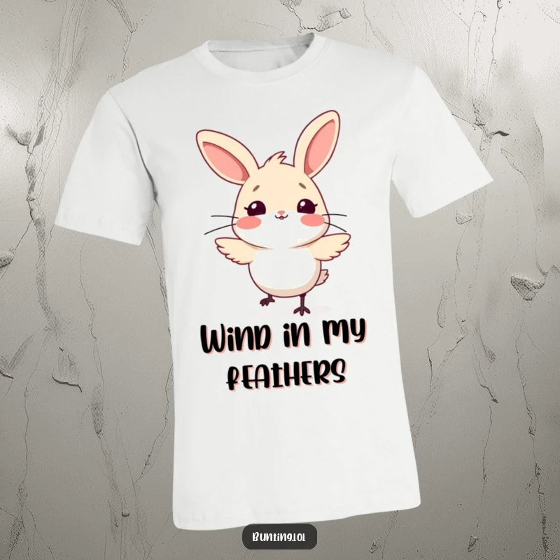 Funny bunting bird t-shirt, comically surprised by a sudden gust of wind that’s blowing its feathers, capturing a moment of wild weather.