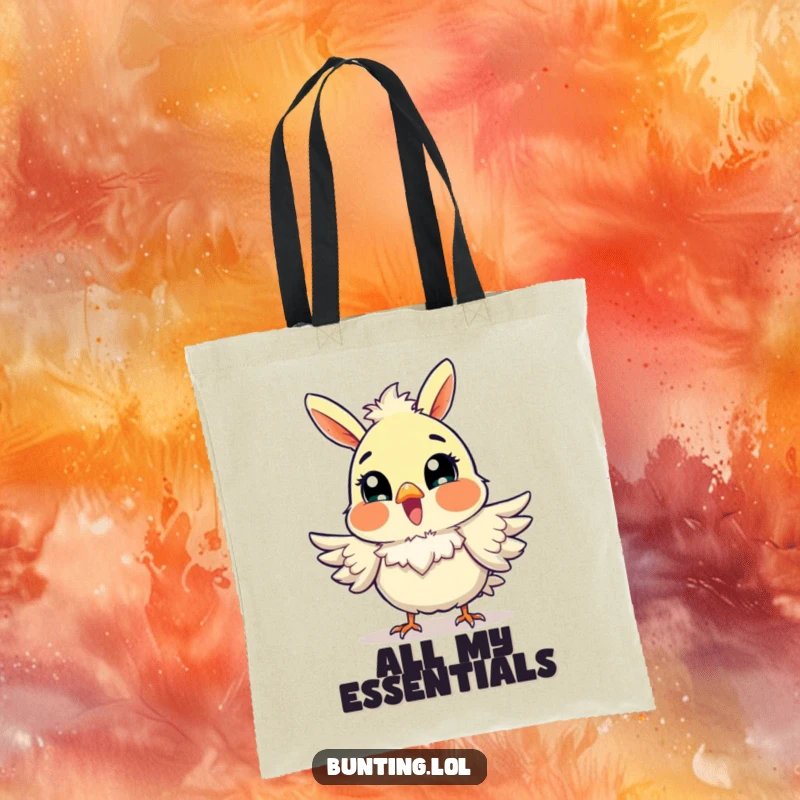Funny Bunting Tote Bag showing an excited bird fluffing its feathers, a symbol of pure delight and energy.