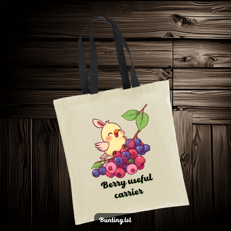Funny bunting bird tote bag, captured mid-peck at a luscious cluster of berries, showcasing a humorous and adorable avian moment.