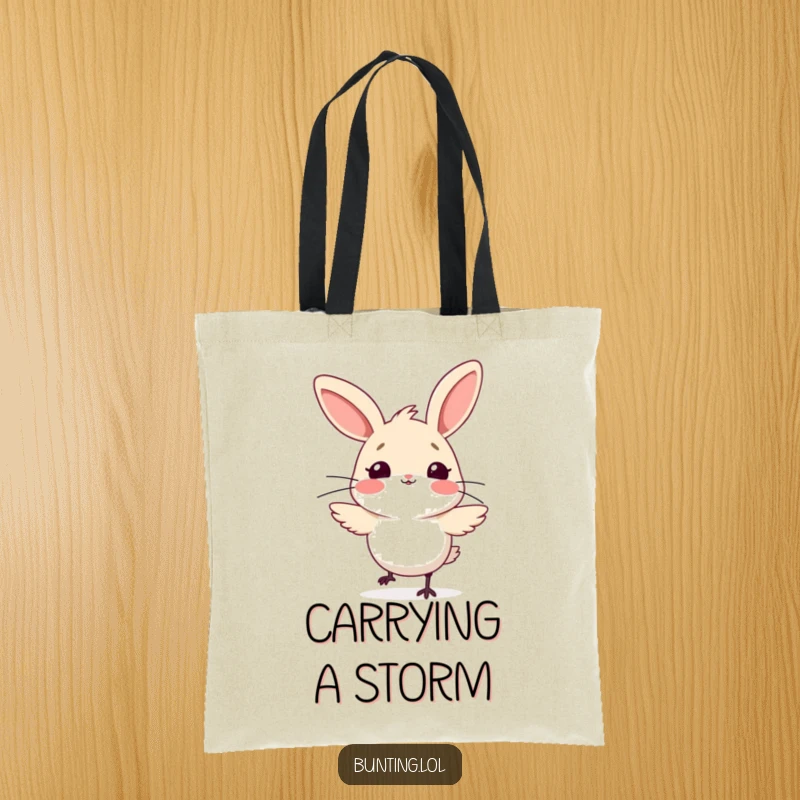 Funny bunting bird tote bag, looking comically startled by a sudden gust of wind, showcasing a humorous take on weather.