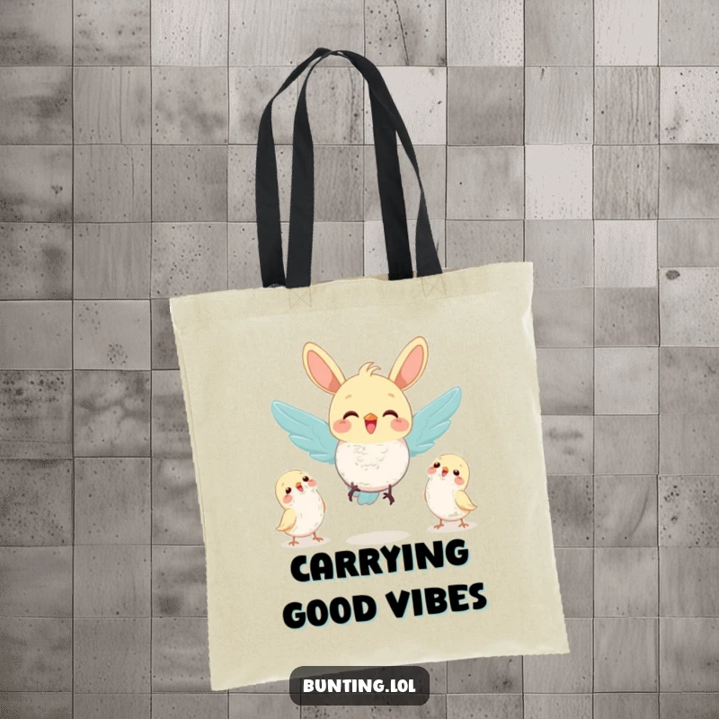 Funny bunting bird joyfully fluttering as it flies towards a welcoming group of friends, on a practical tote bag.